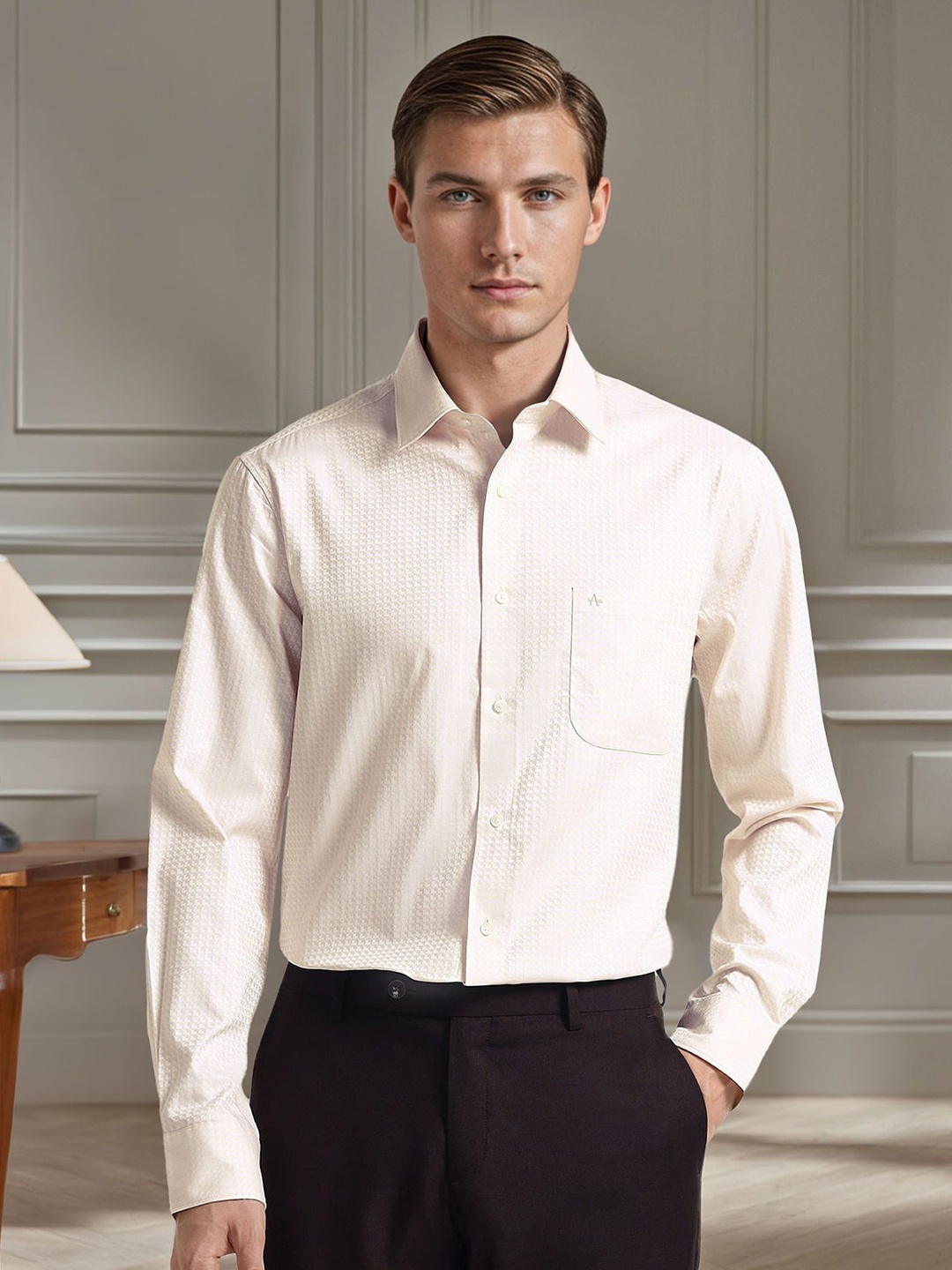 

Arrow Men Tailored Fit Spread Collar Geometric Printed Cotton Formal Shirt, Beige