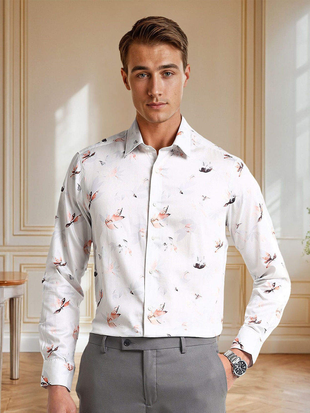 

Arrow Men Tailored Fit Spread Collar Floral Printed Cotton Casual Shirt, White