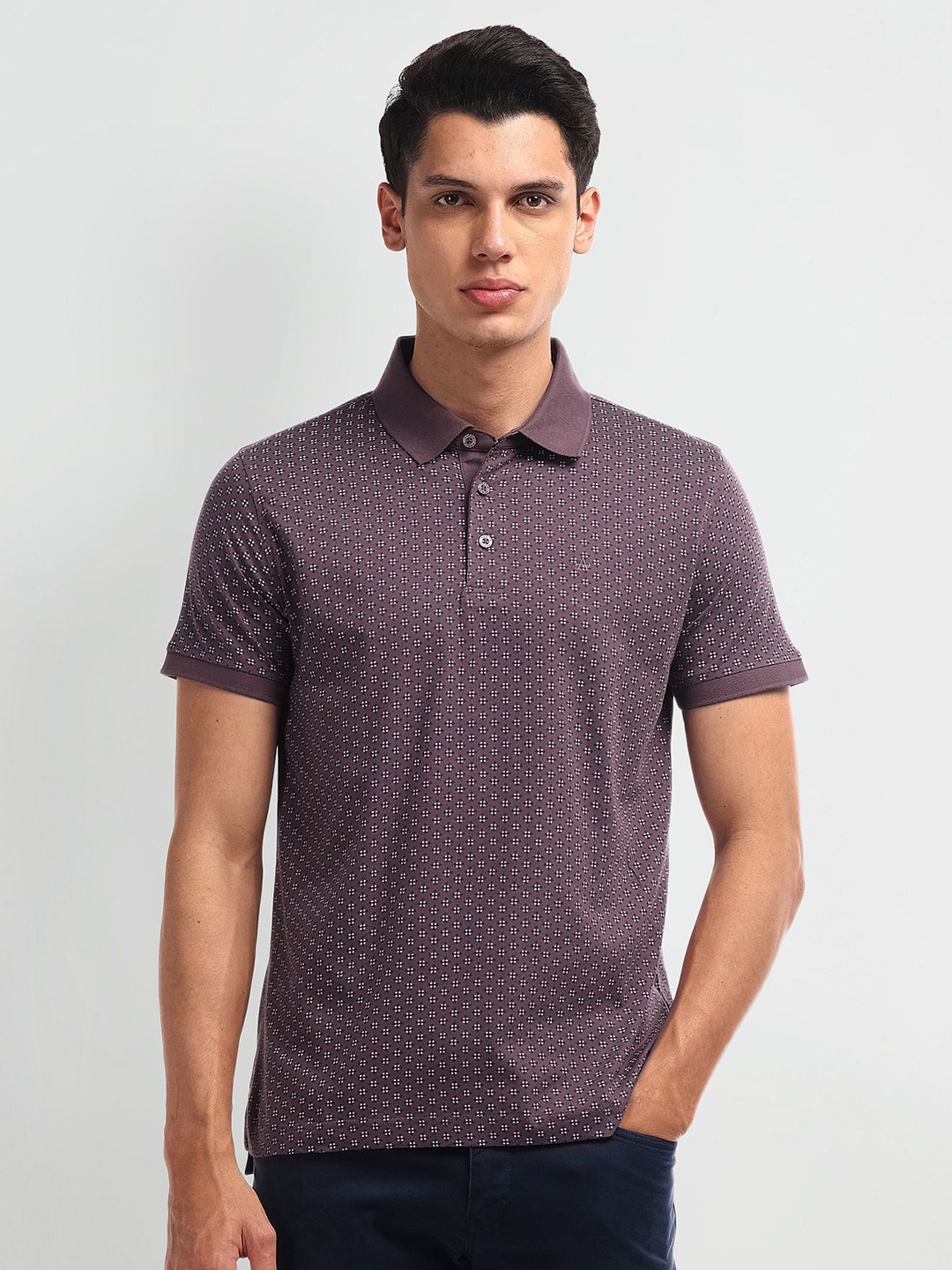 

Arrow Men Geometric Printed Polo Collar Pure Cotton T-shirt, Purple