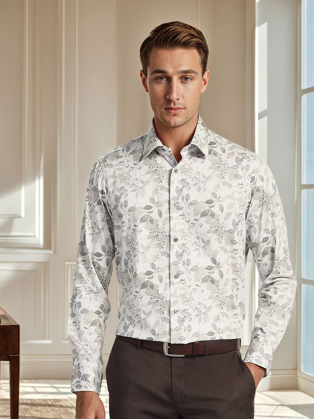 

Arrow Men Tailored Fit Spread Collar Floral Printed Cotton Casual Shirt, Beige