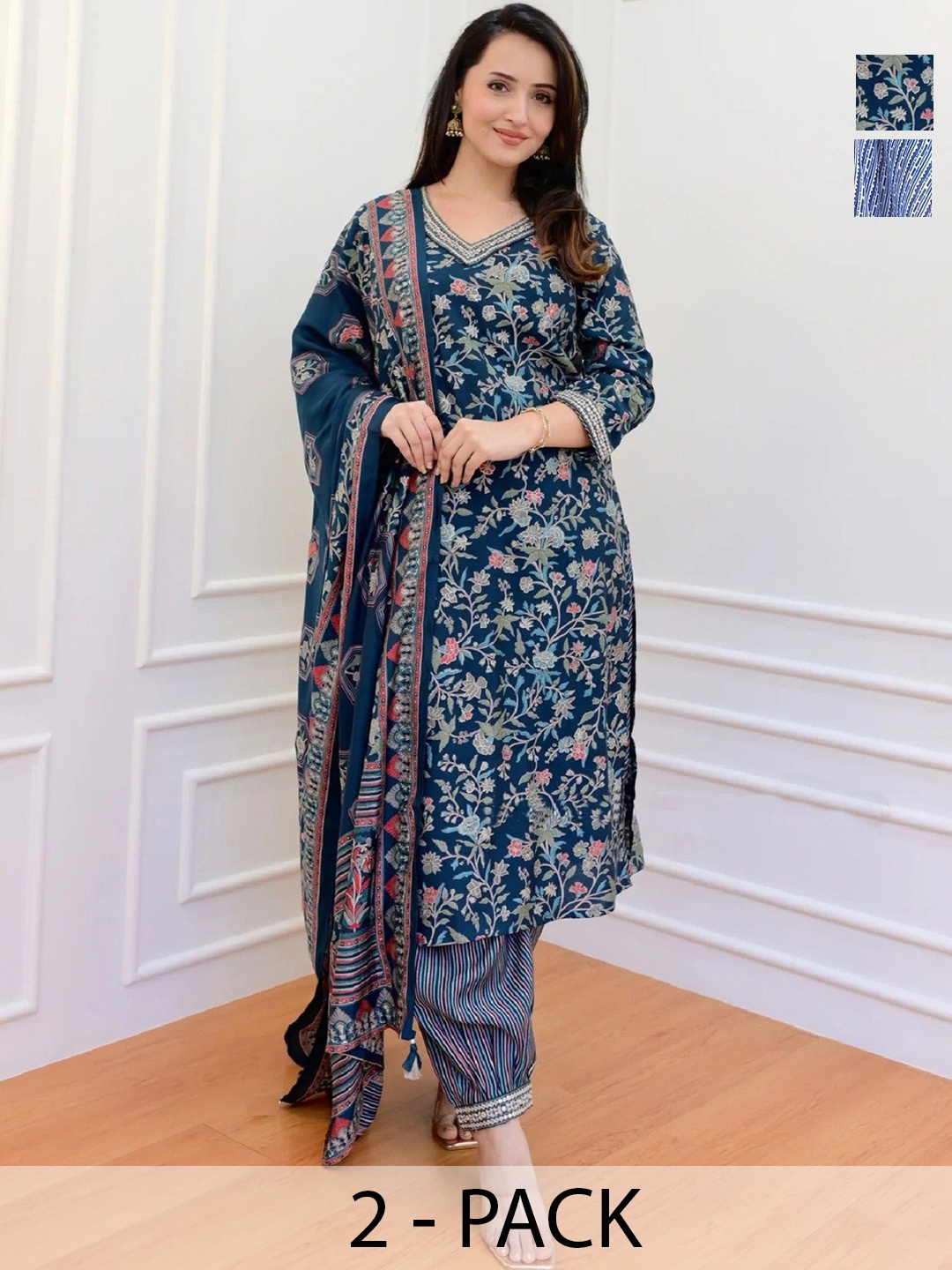 

KALINI Selection Of 2 Floral Printed Straight Kurta With Trousers And Dupatta, Blue