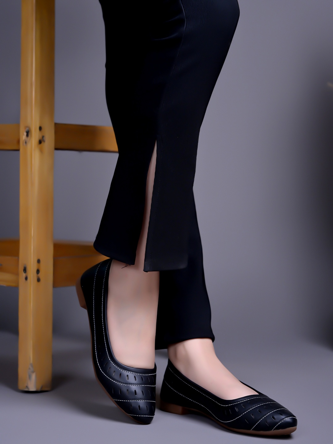 

Shoetopia Women Pointed Toe Ballerinas with Laser Cuts, Black