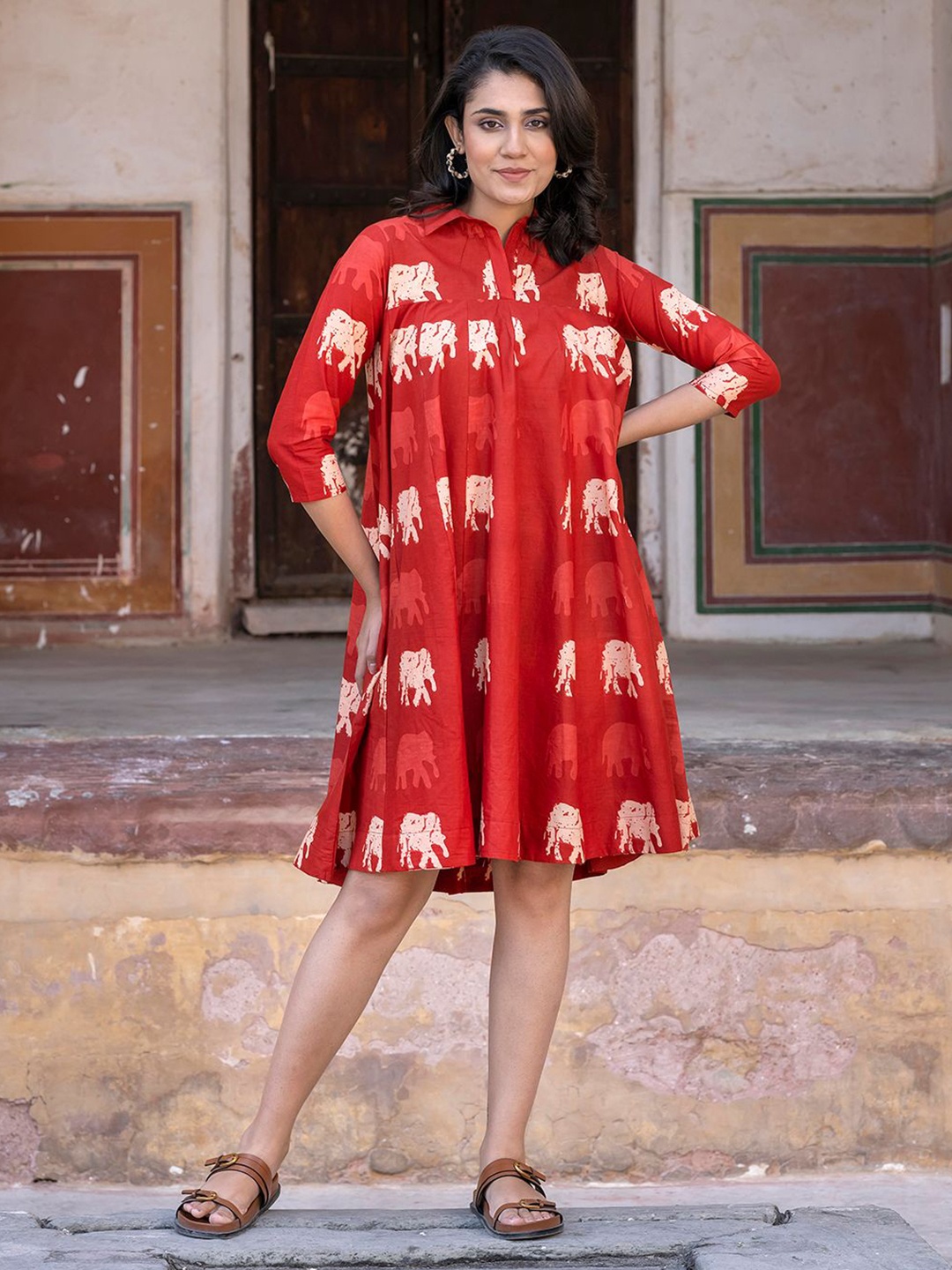 

The Roadster Lifestyle Co Women Conversational Printed Cotton A-Line Dress, Red