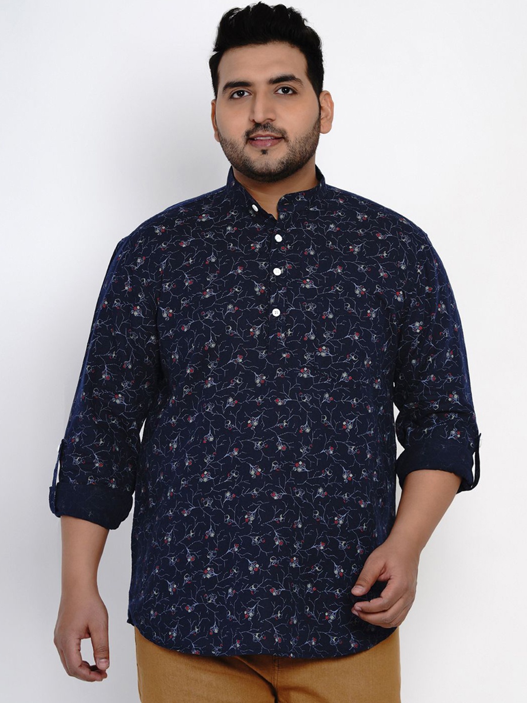 

John Pride Men Plus Size Band Collar Abstract Printed Linen Casual Shirt, Navy blue