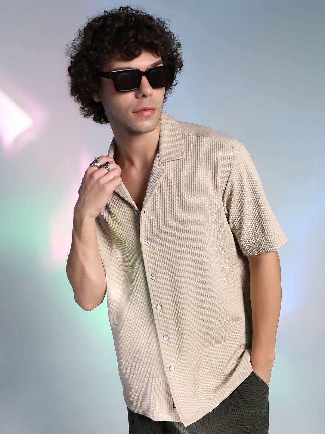 

Campus Sutra Men Comfort Fit Cuban Collar Textured Cotton Casual Shirt, Beige
