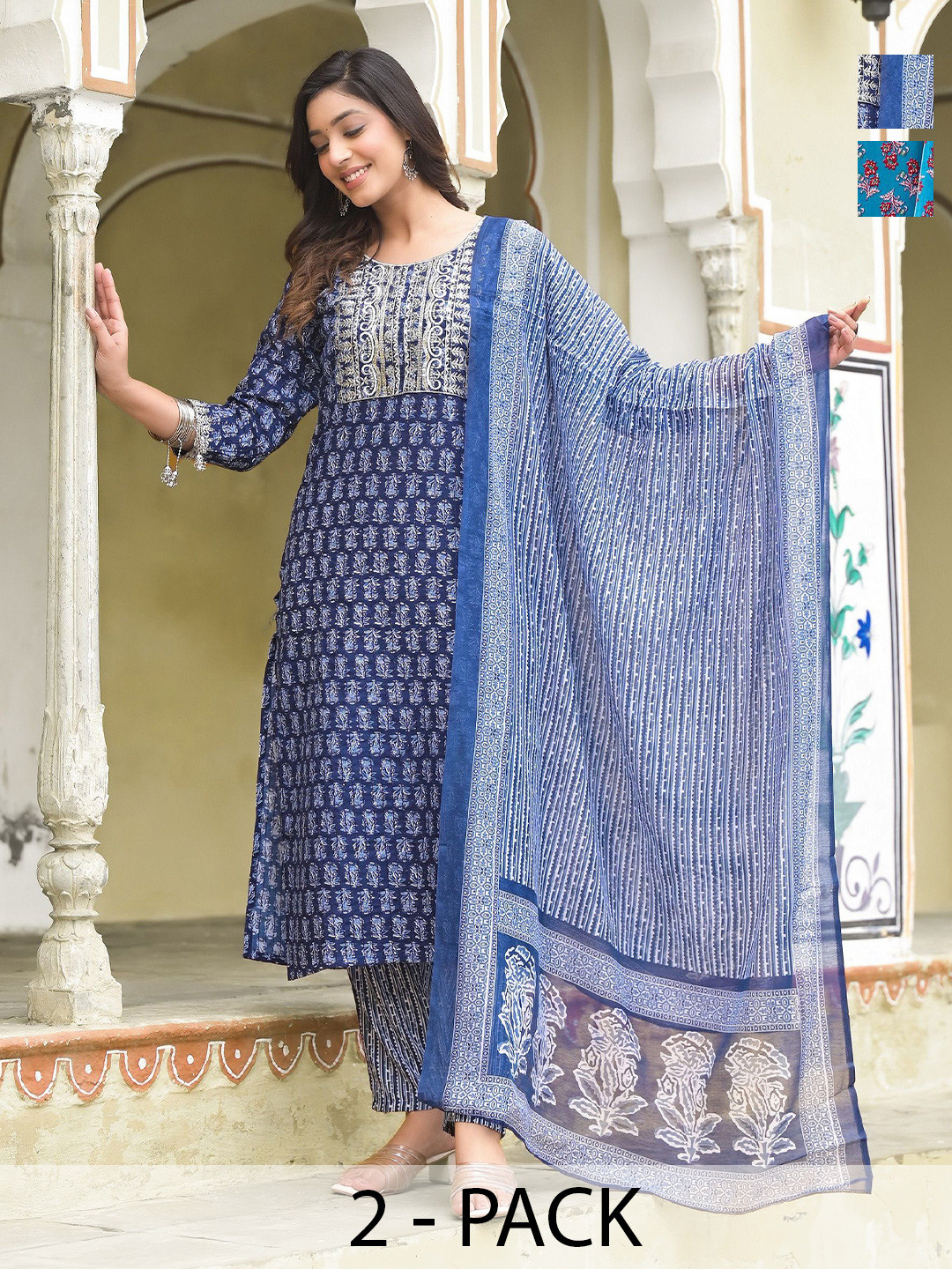 

KALINI Selection Of 2 Ethnic Motifs Printed Sequence V-Neck Kurtas With Trousers & Dupatta, Blue