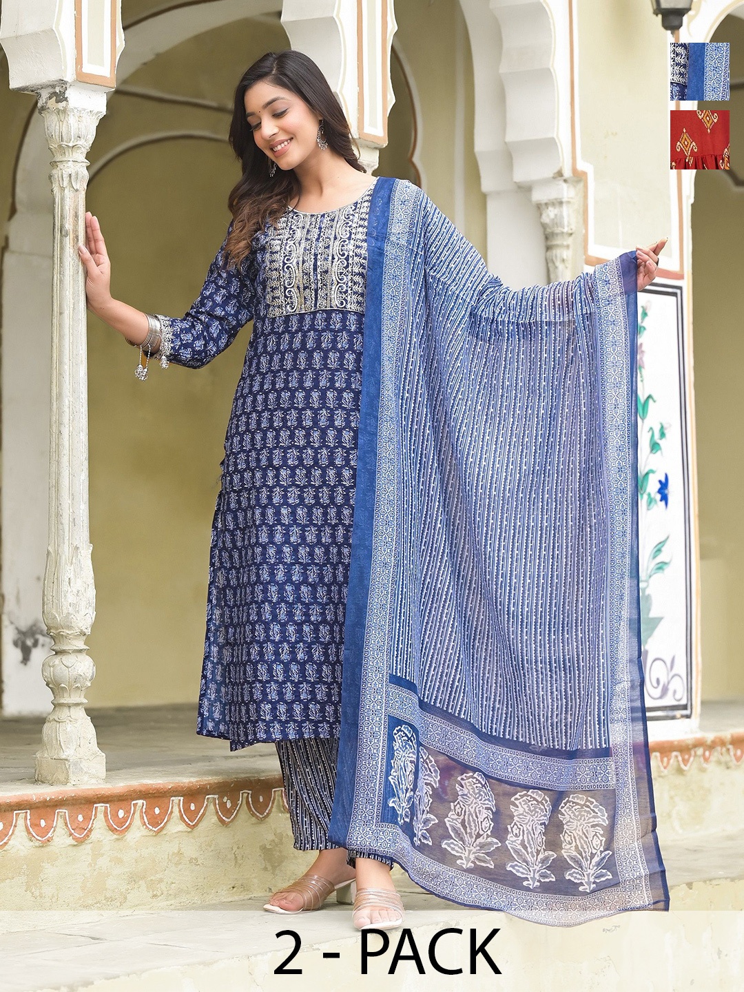 

KALINI Selection Of 2 Ethnic Motifs Printed Sequence V-Neck Kurtas With Trousers & Dupatta, Blue