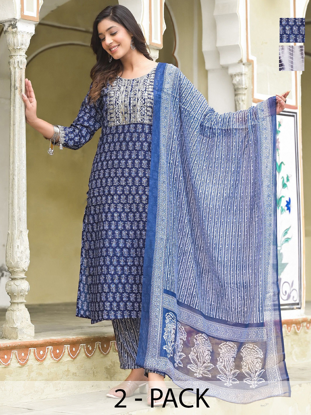 

KALINI Selection Of 2 Ethnic Motifs Printed Sequence V-Neck Kurtas With Trousers & Dupatta, Blue