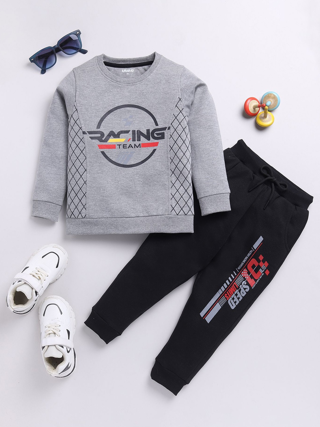 

MIMINO Kids Typography Printed Round Neck Sweatshirt With Joggers, Grey