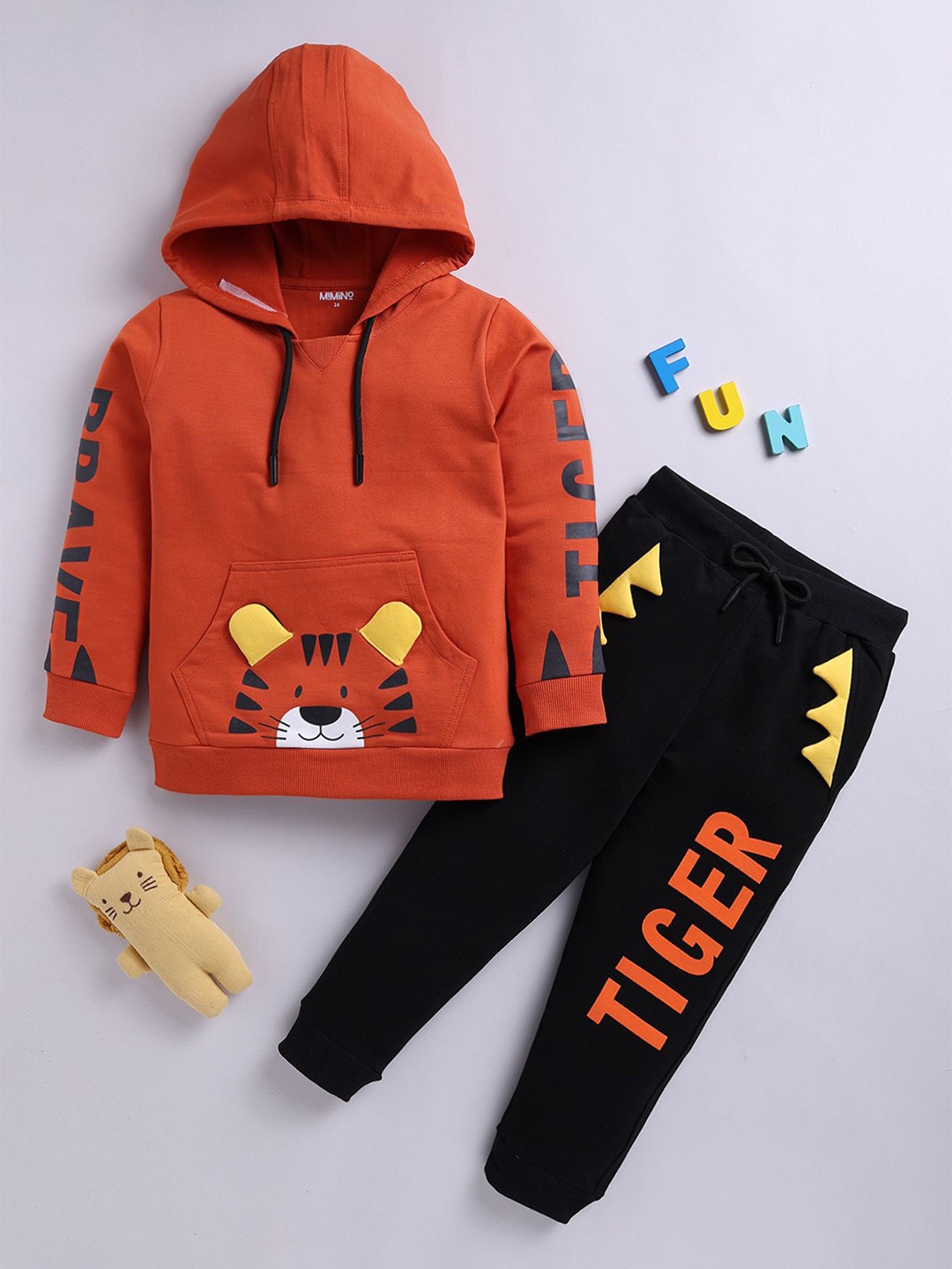 

MIMINO Kids Printed Hooded Long Sleeves Sweatshirt With Joggers, Orange