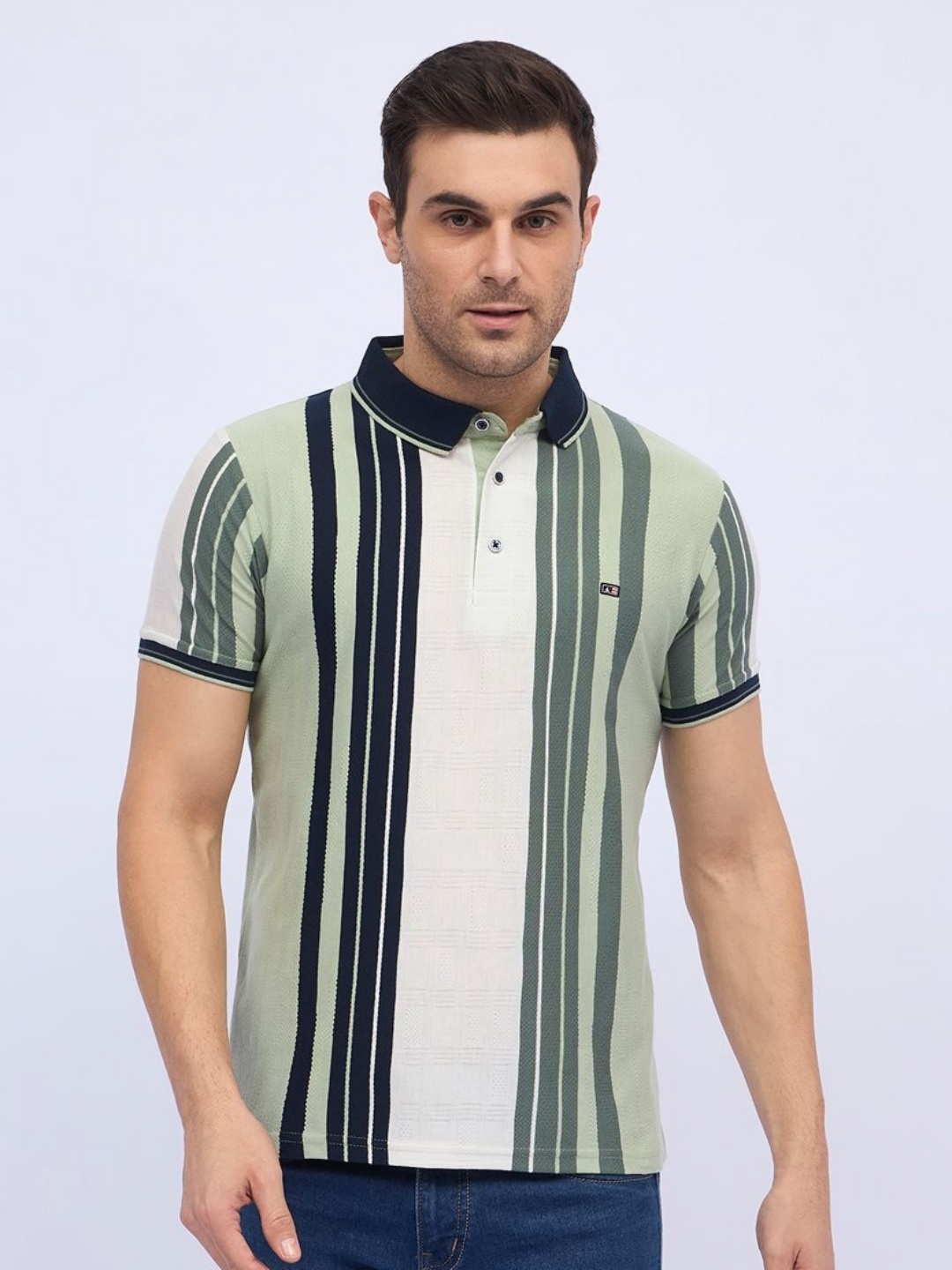 

ARRAY Men Striped Polo Collar Cotton T-shirt, Green