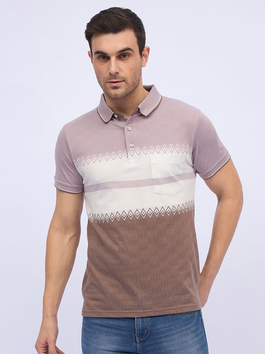 

ARRAY Men Striped Polo Collar Cotton T-shirt, Brown