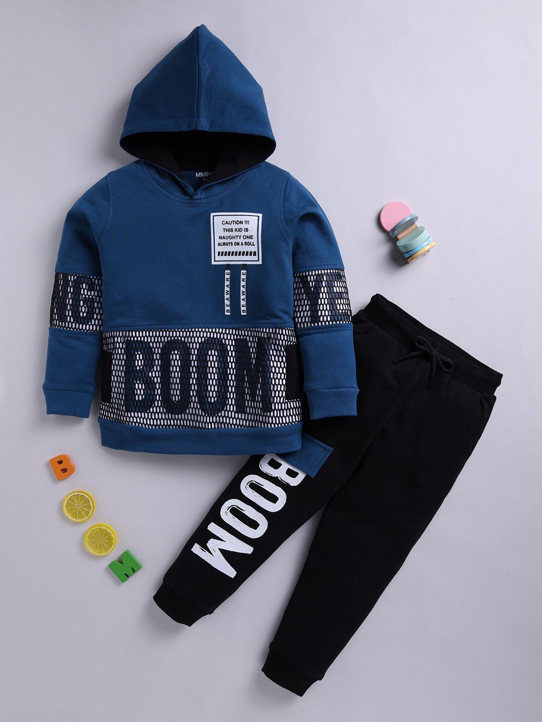 

MIMINO Unisex Kids Printed Hooded Sweatshirt With Joggers, Blue