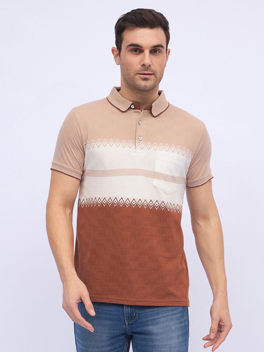 

ARRAY Men Striped Polo Collar Cotton T-shirt, Rust