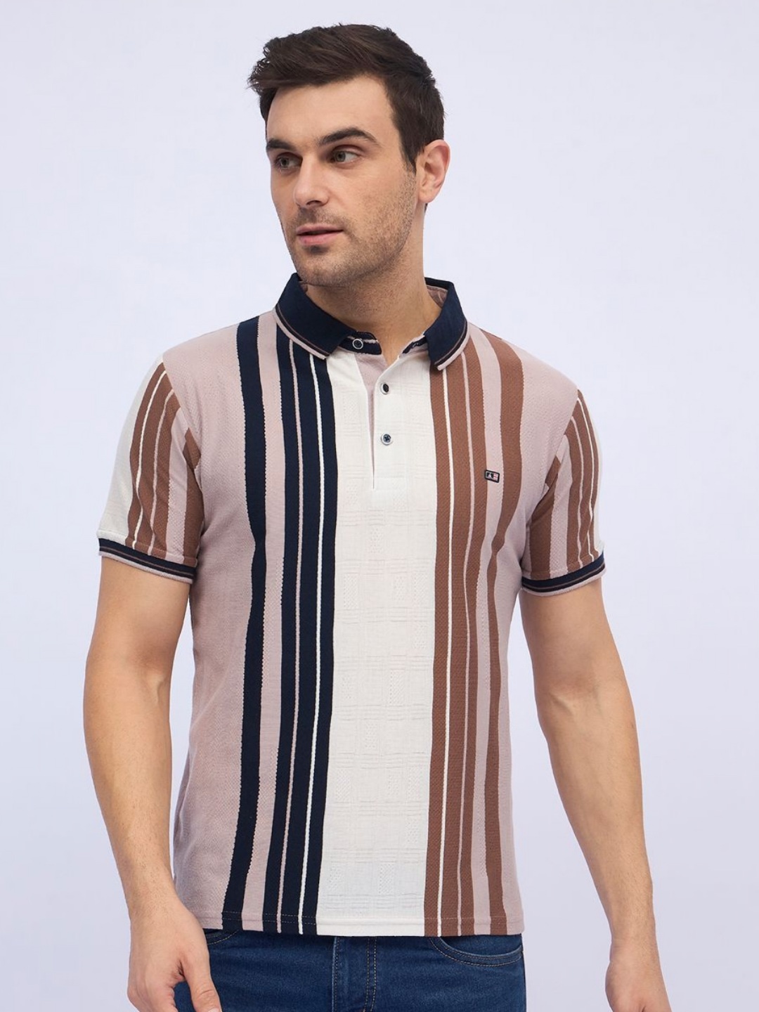 

ARRAY Men Striped Polo Collar Cotton T-shirt, Mauve