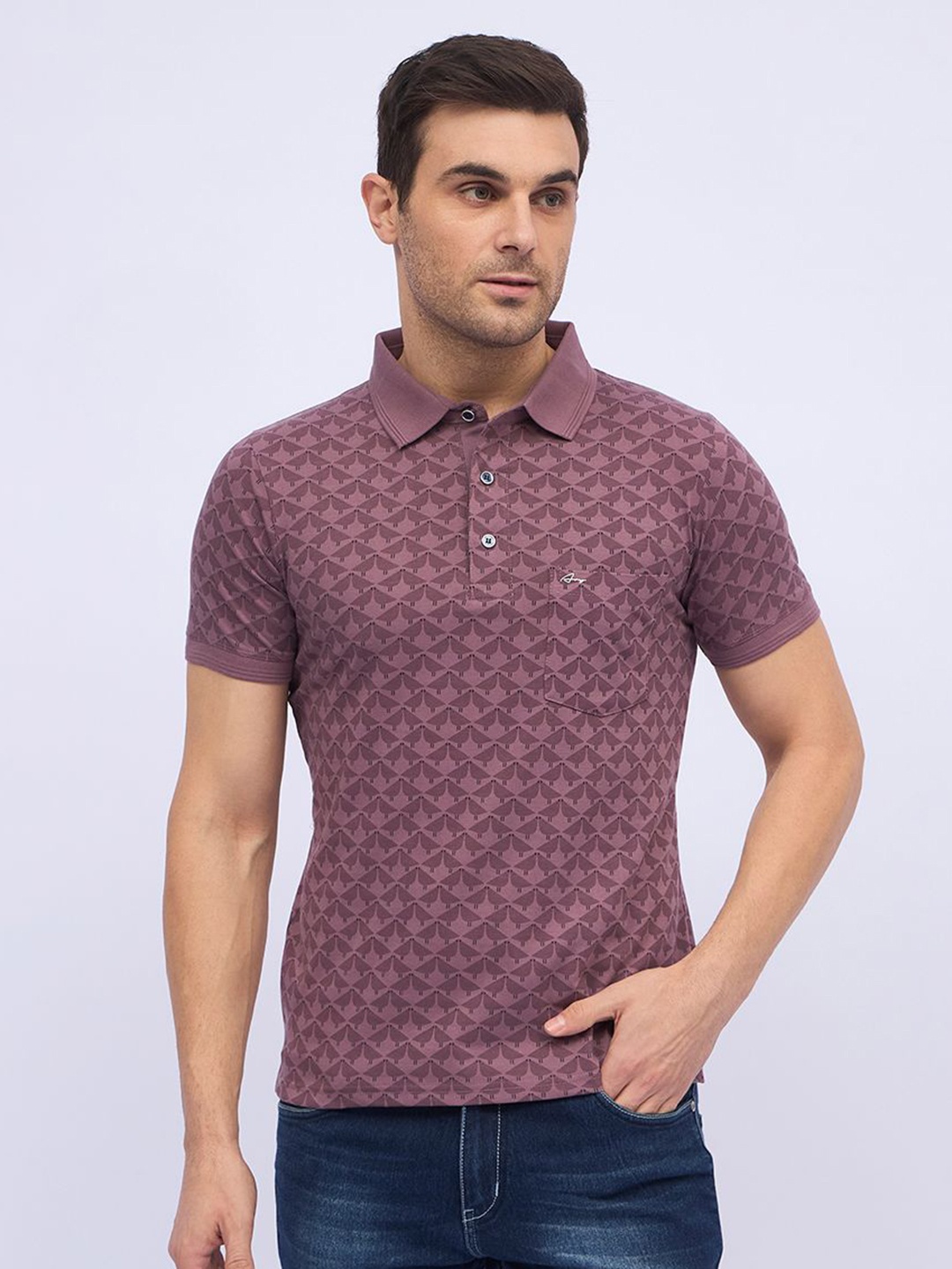 

ARRAY Men Abstract Printed Polo Collar Cotton T-shirt, Magenta