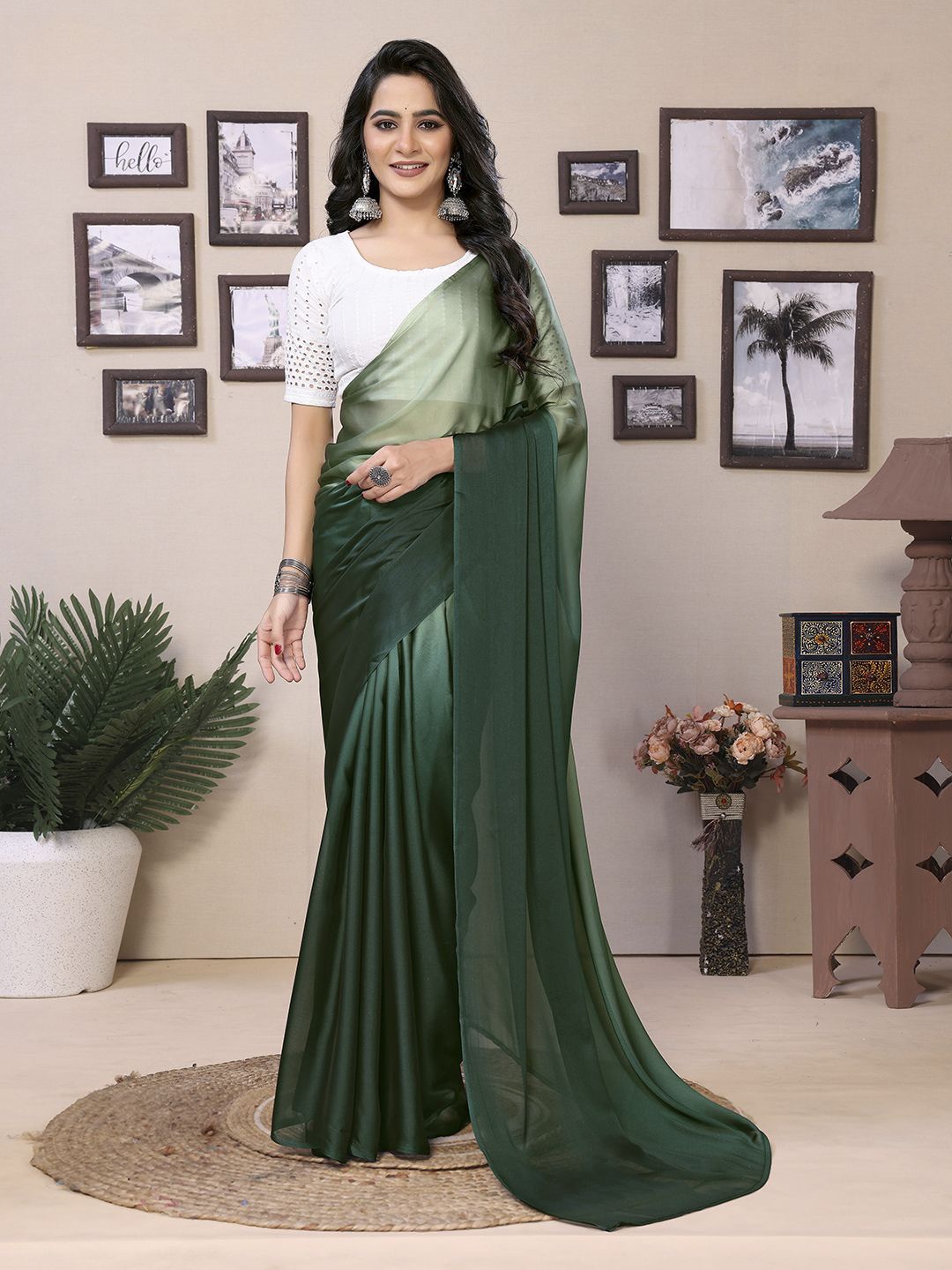 

Mitera Ombre Satin Ready to Wear Saree, Green