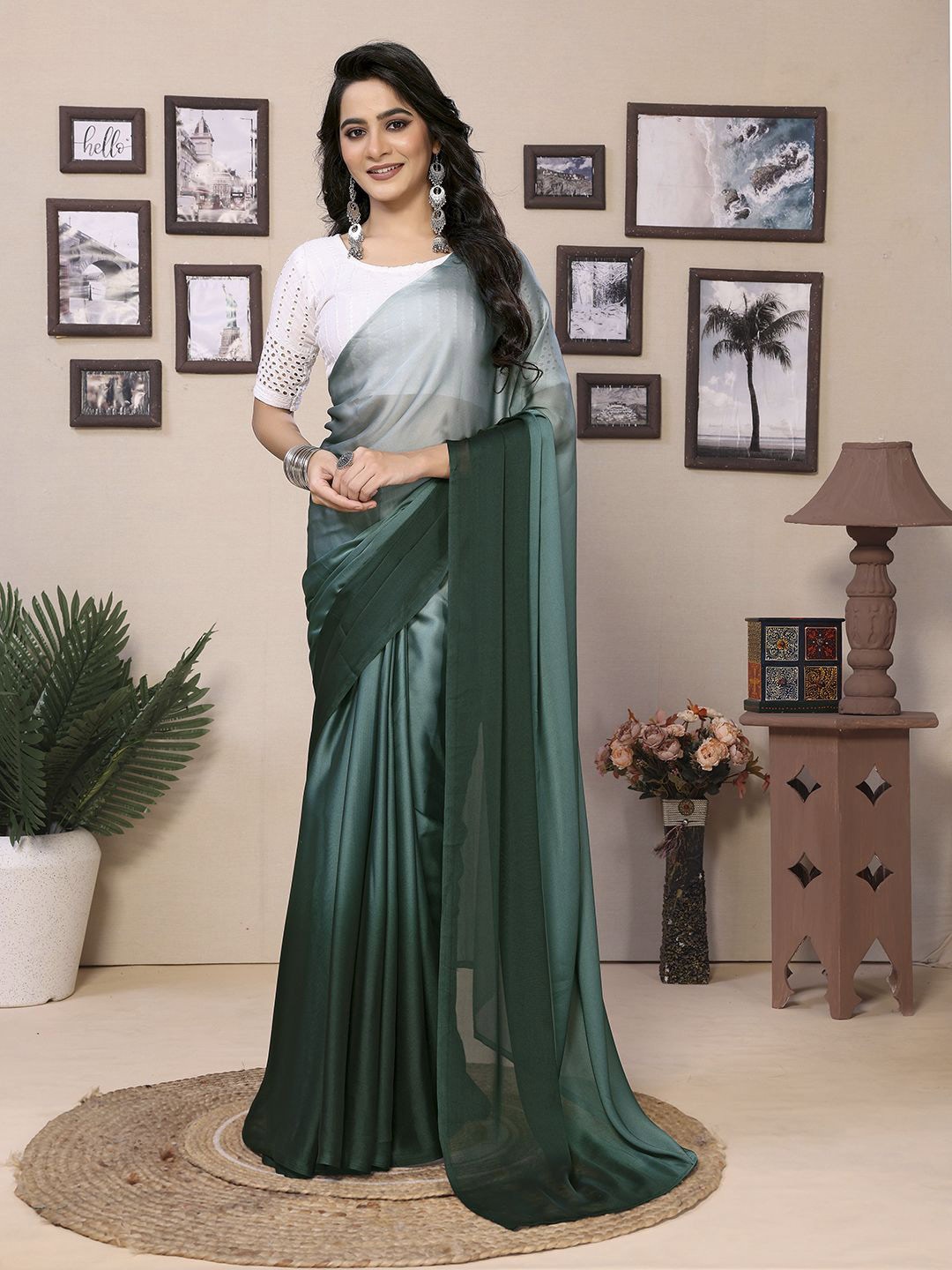 

Mitera Ombre Dyed Satin Ready to Wear Saree, Teal