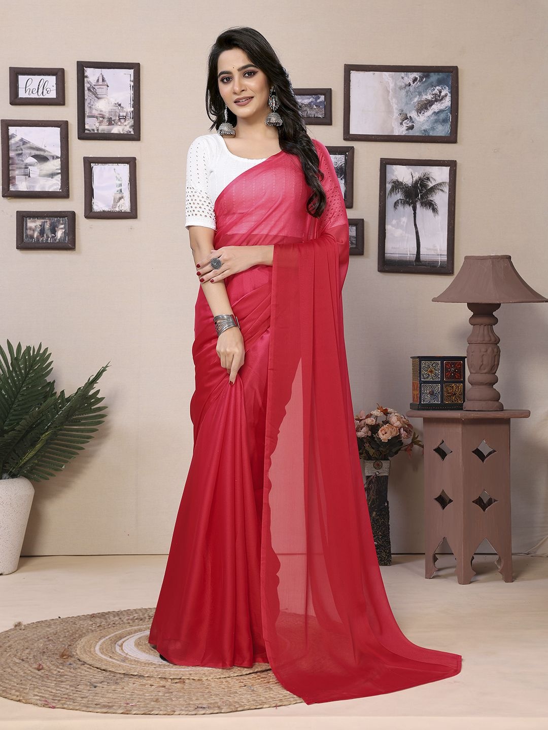 

Mitera Ombre Dyed Satin Ready to Wear Saree, Red