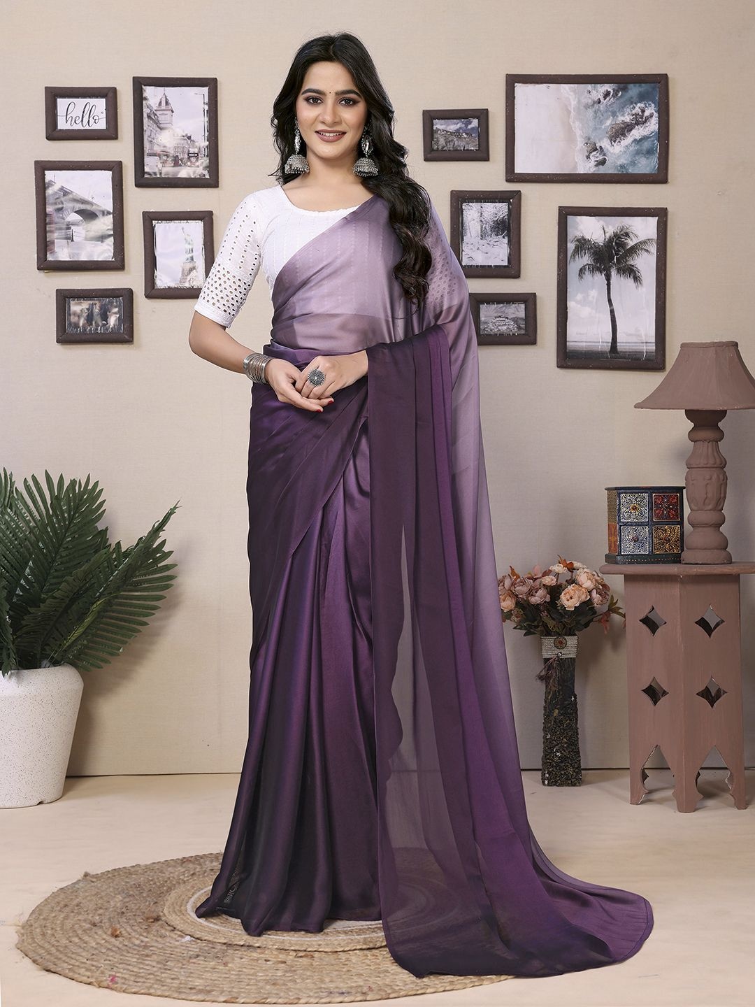 

Mitera Ombre Dyed Satin Ready to Wear Saree, Purple