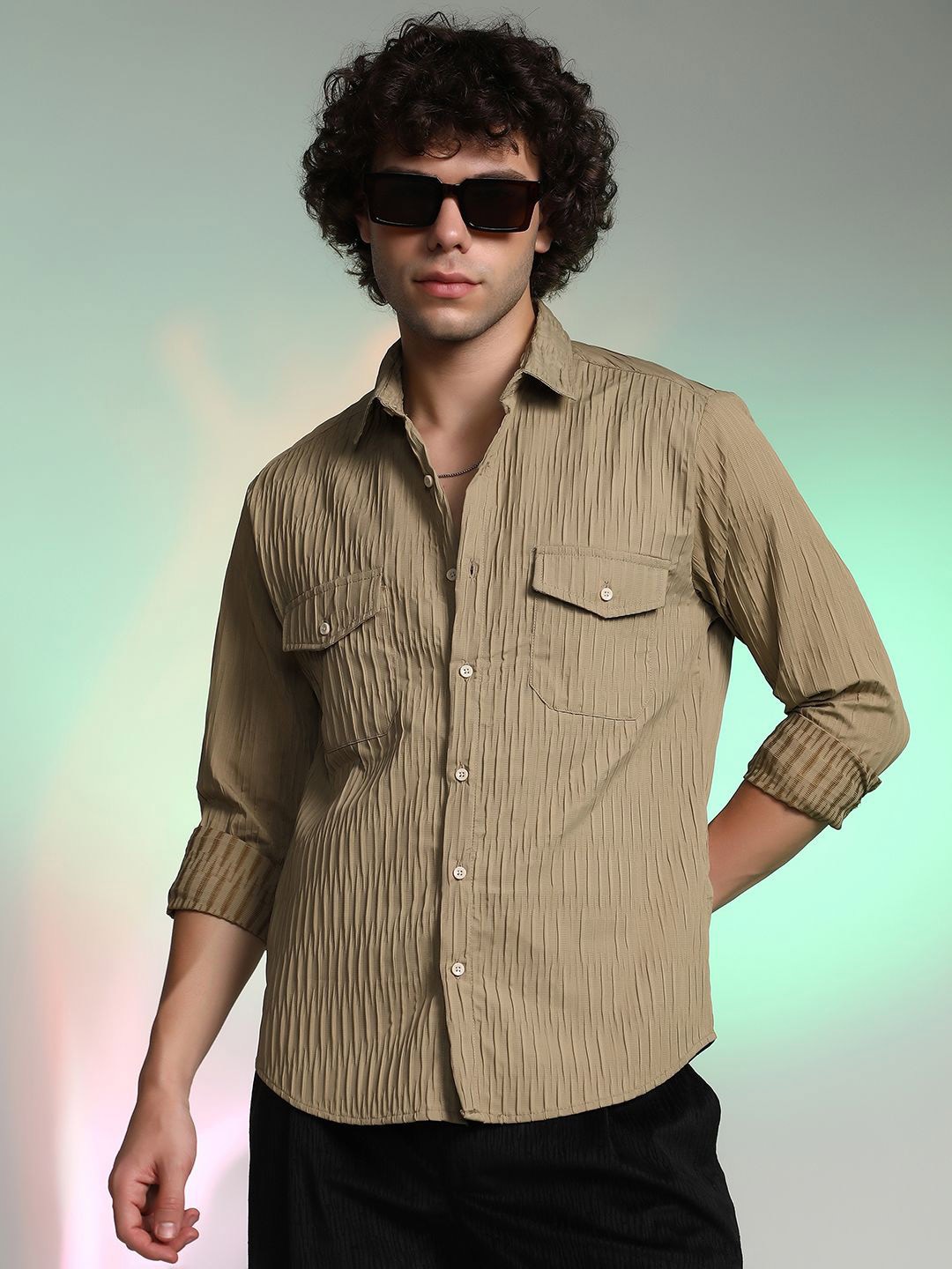 

Campus Sutra Men Comfort Fit Spread Collar Textured Cotton Casual Shirt, Khaki