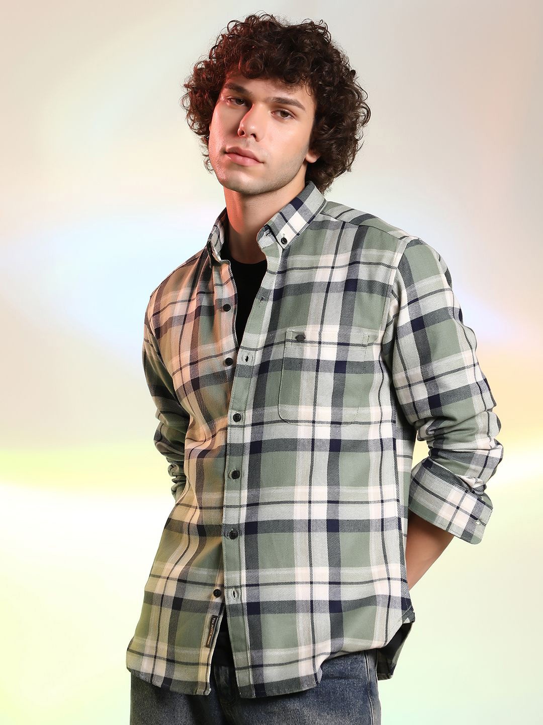 

Campus Sutra Men Comfort Checked Button-Down Collar Cotton Casual Shirt, Green
