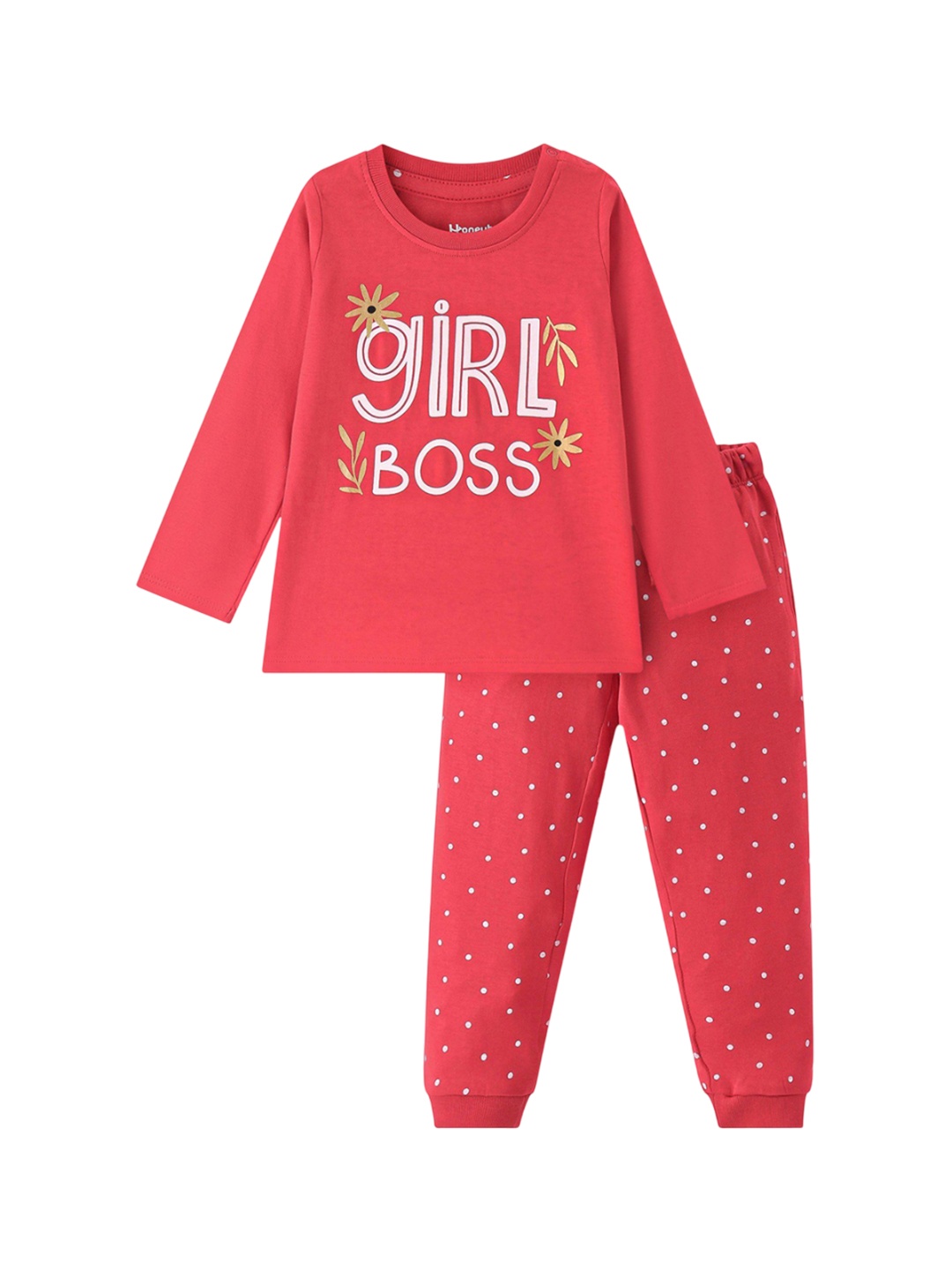 

Honeyhap Girls Pure Cotton Typography Printed Night Suit, Red