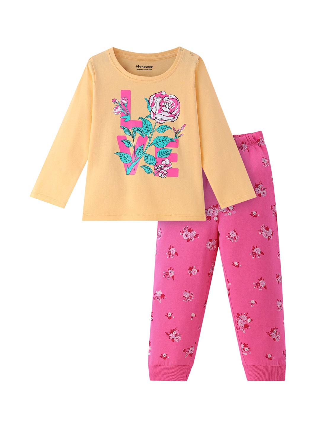 

Honeyhap Girls Floral Printed Night suit, Pink