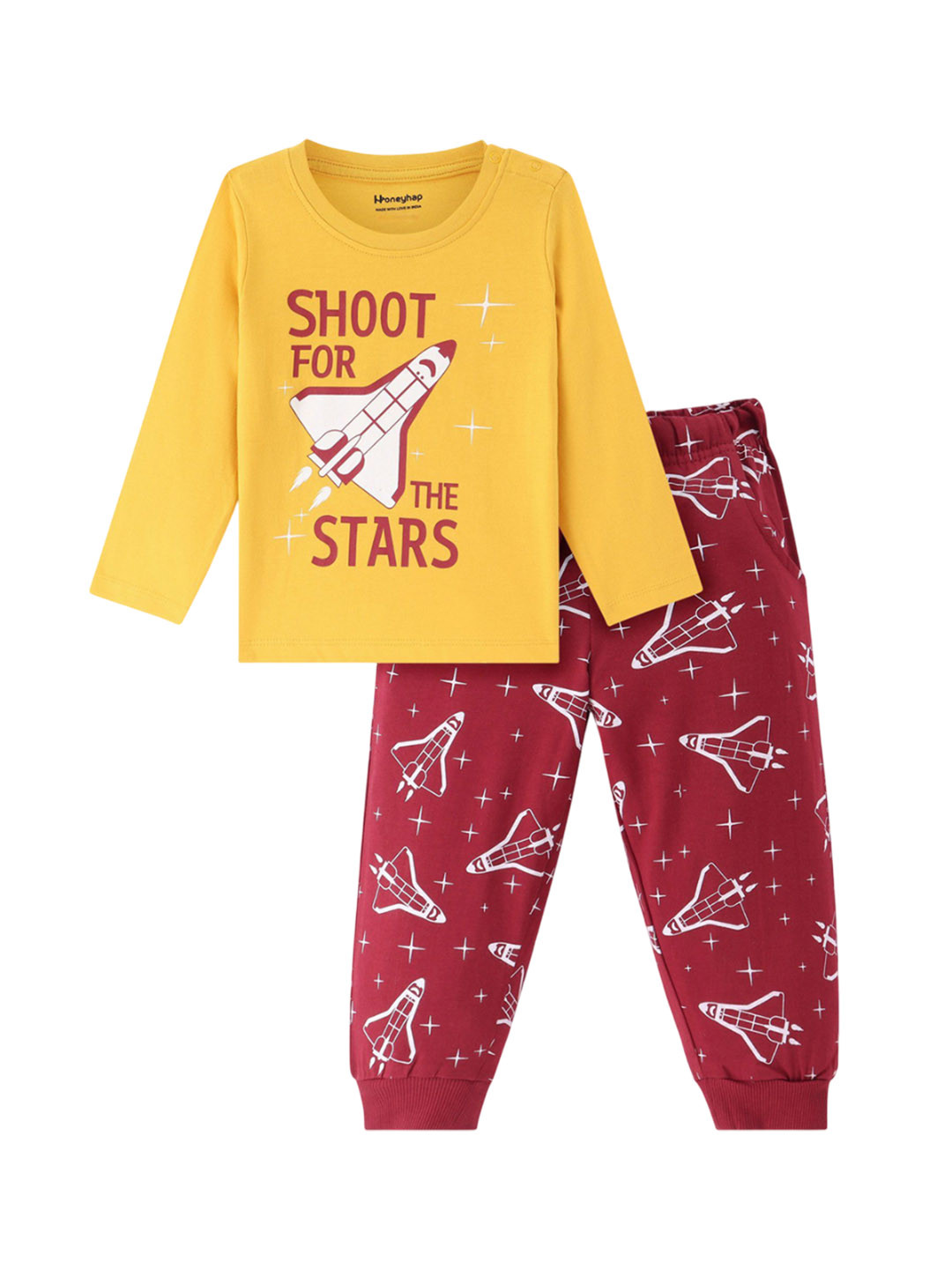 

Honeyhap Boys Pure Cotton Printed Night Suit, Yellow