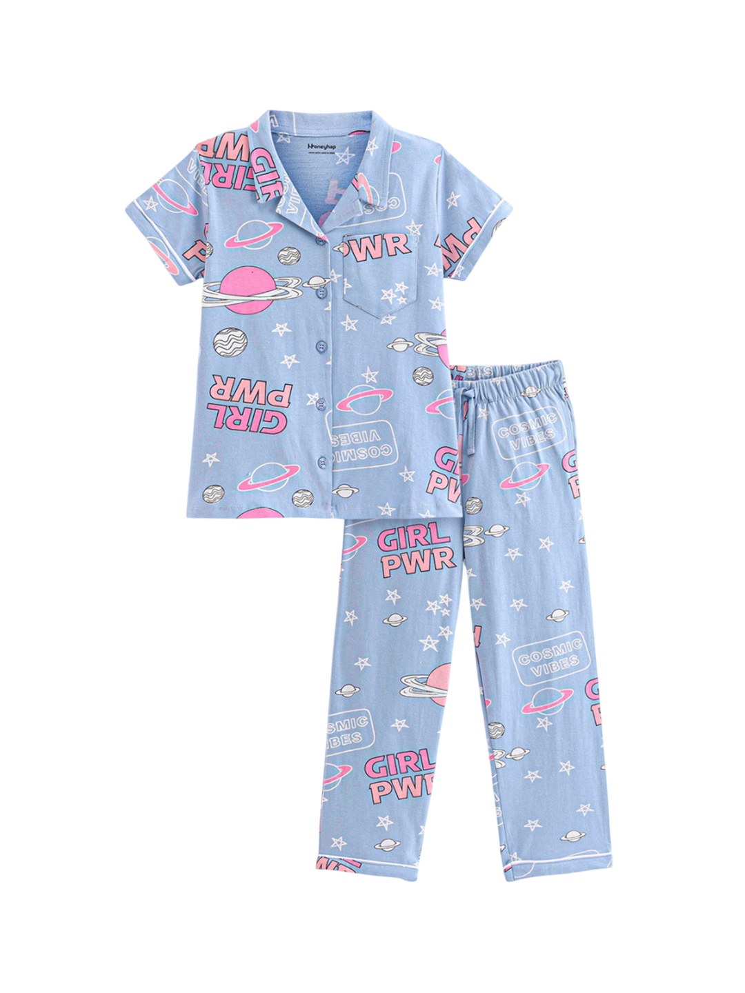 

Honeyhap Girls Pure Cotton Lapel Collar Printed Night Suit, Blue