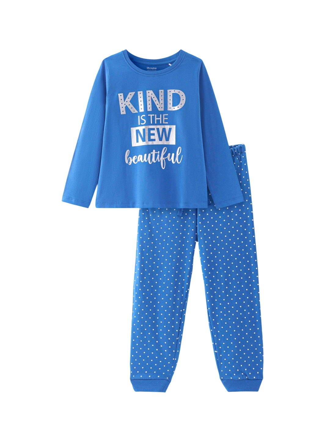 

Honeyhap Girls Pure Cotton Typography Printed Night Suit, Blue