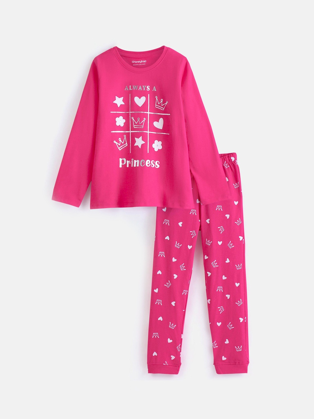 

Honeyhap Girls Pure Cotton Printed Night Suit, Pink