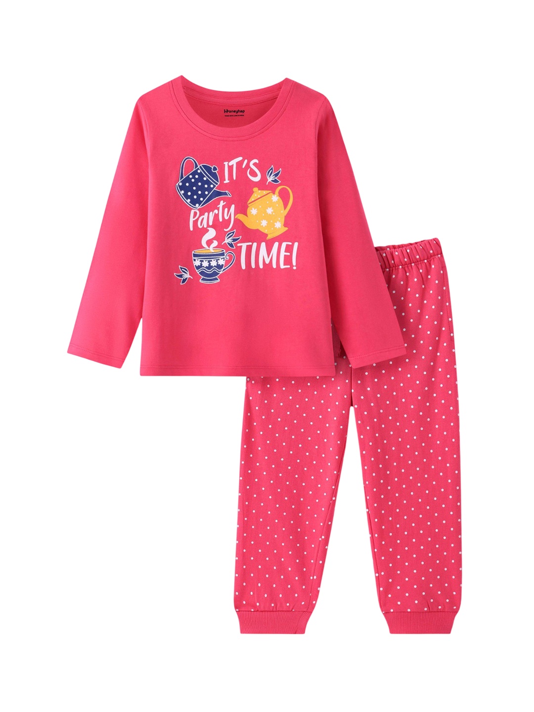 

Honeyhap Girls Pure Cotton Printed Night Suit, Pink