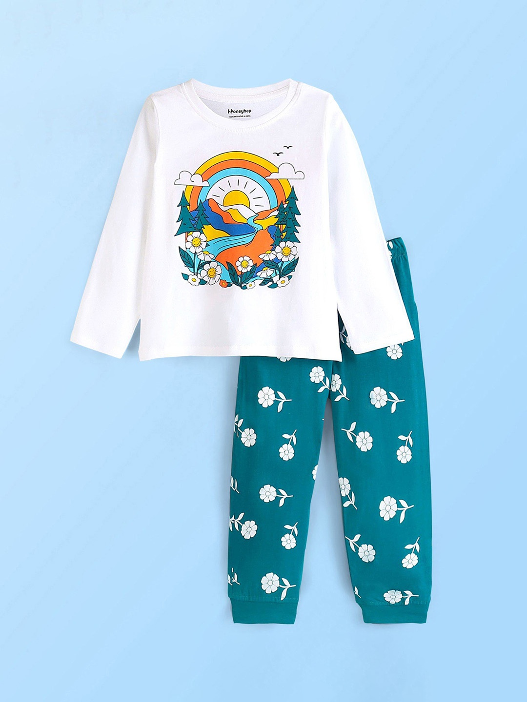 

Honeyhap Girls Pure Cotton Printed Night Suit, White
