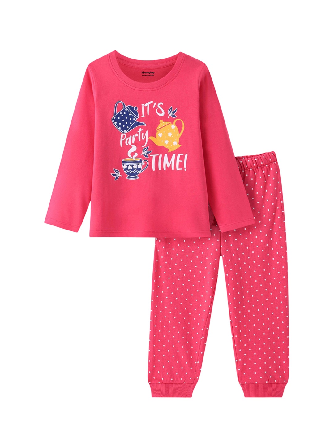 

Honeyhap Girls Pure Cotton Typography Printed Night Suit, Pink