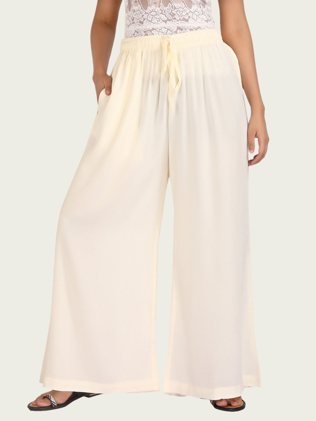 

COTTON CULTURE Women Knitted Wide Leg Palazzos, Off white