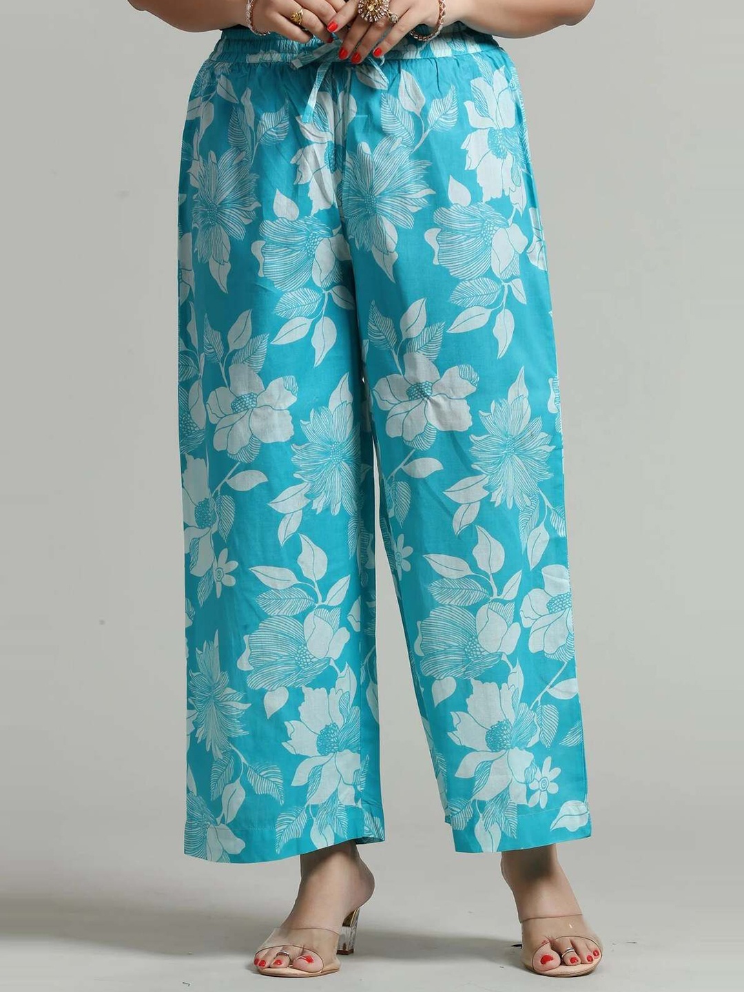 

COTTON CULTURE Women Floral Printed Knitted Ethnic Palazzos, Turquoise blue