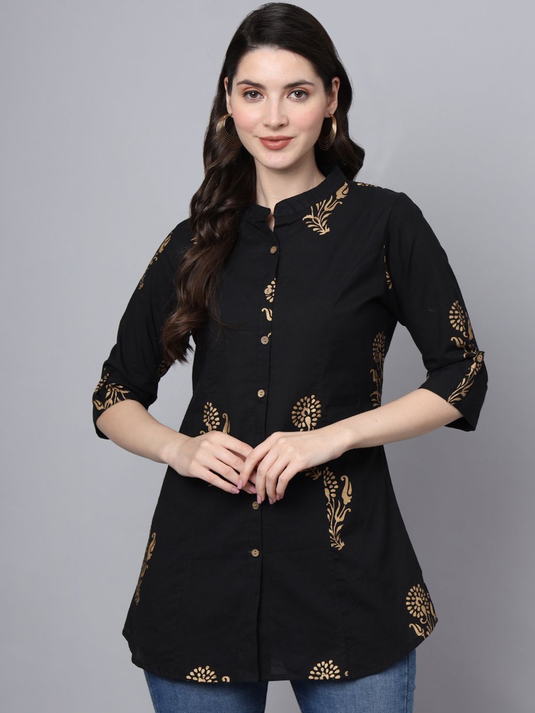 

KALINI Ethnic Motifs Printed Mandarin Collar Roll-Up Sleeves Cotton Top, Black