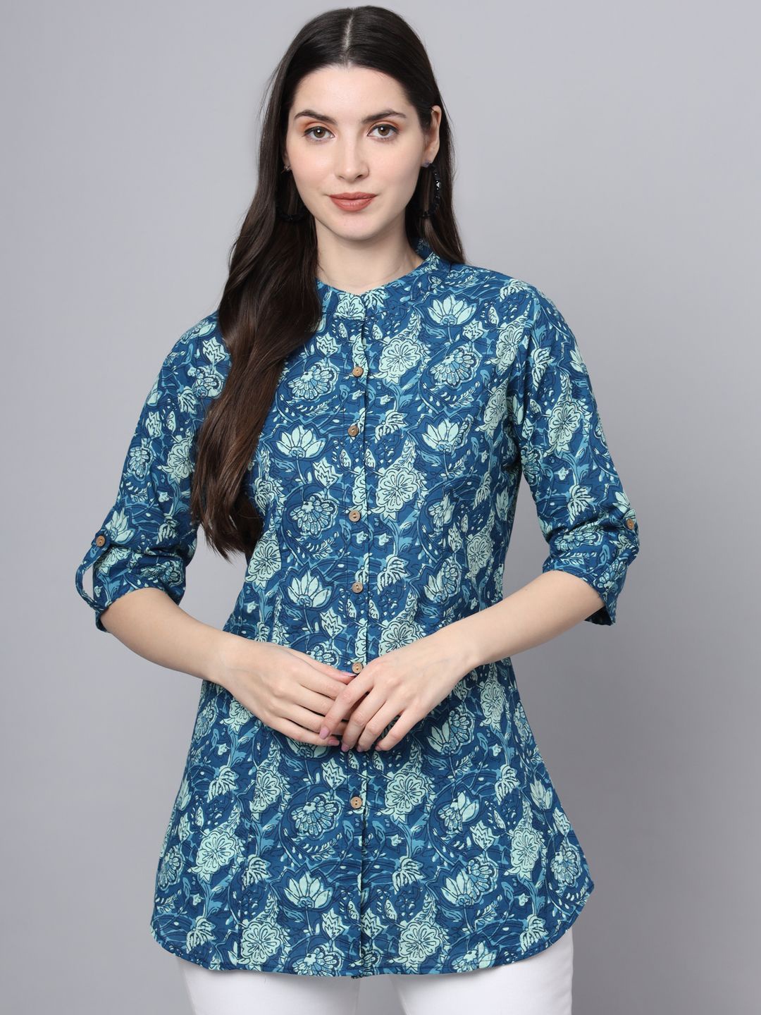 

KALINI Women Cotton Floral Printed Mandarin Collar Roll-Up Sleeves Cotton Top, Blue