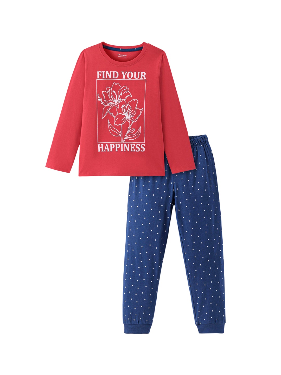 

Honeyhap Girls Printed Pure Cotton Night suit, Navy blue