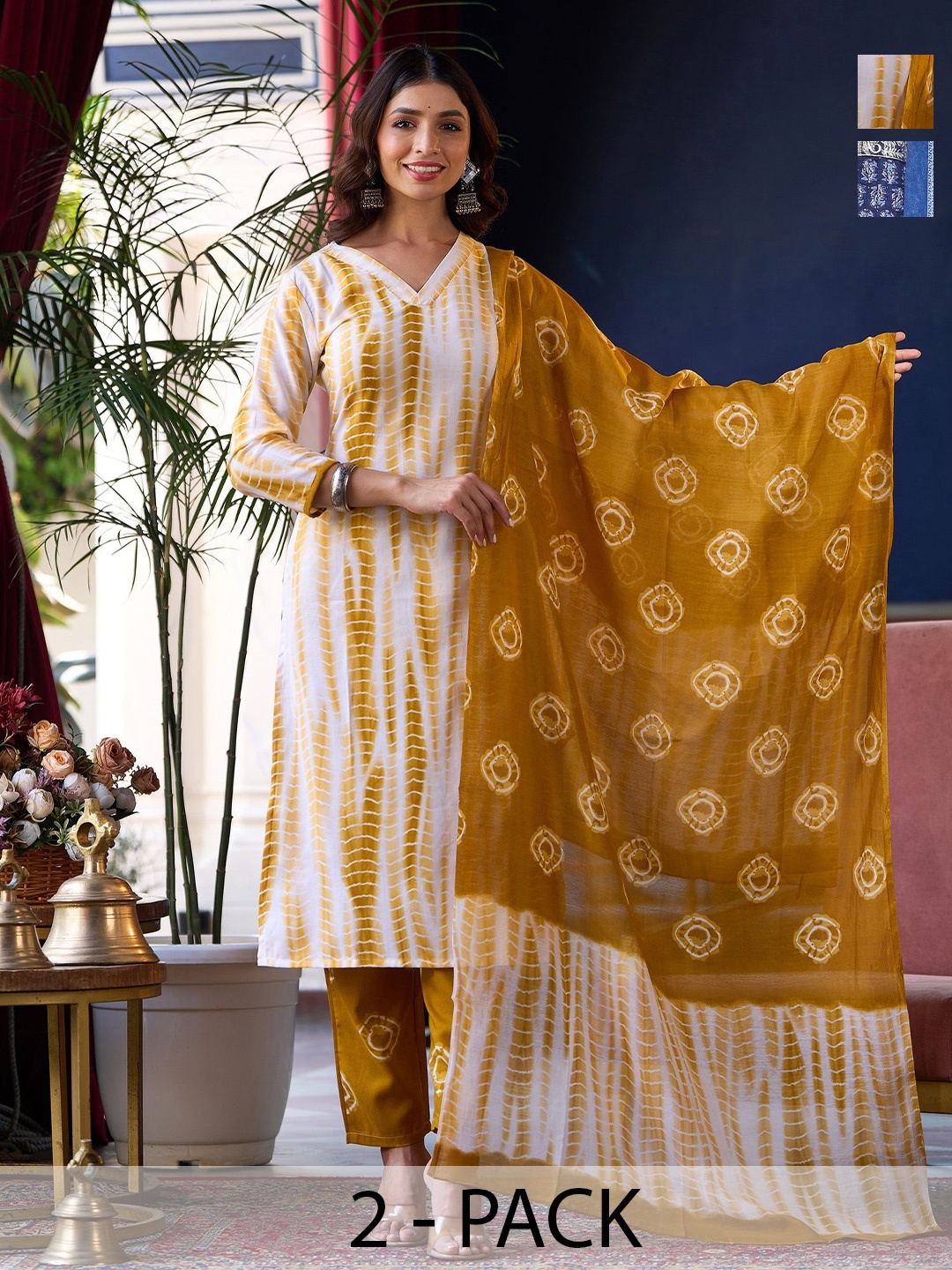

KALINI Selection Of 2 Ethnic Motifs Printed Sequence V-Neck Kurtas With Trousers & Dupatta, Blue