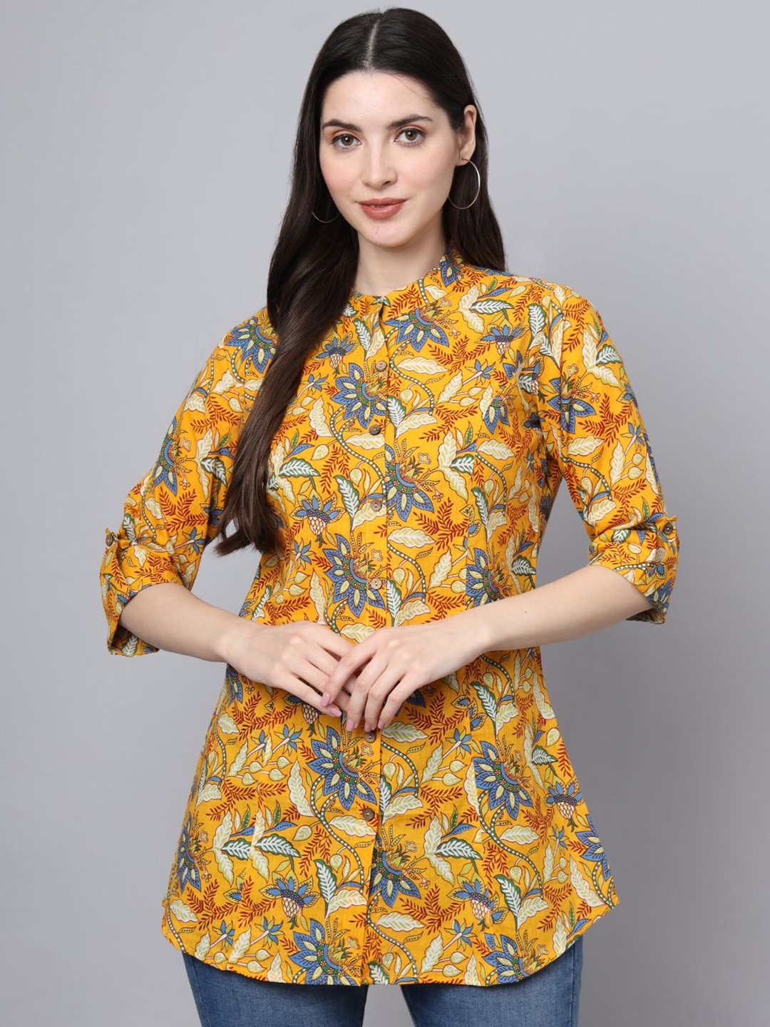 

KALINI Women Floral Print Mandarin Collar Roll-Up Sleeves Ethnic Cotton Top, Yellow