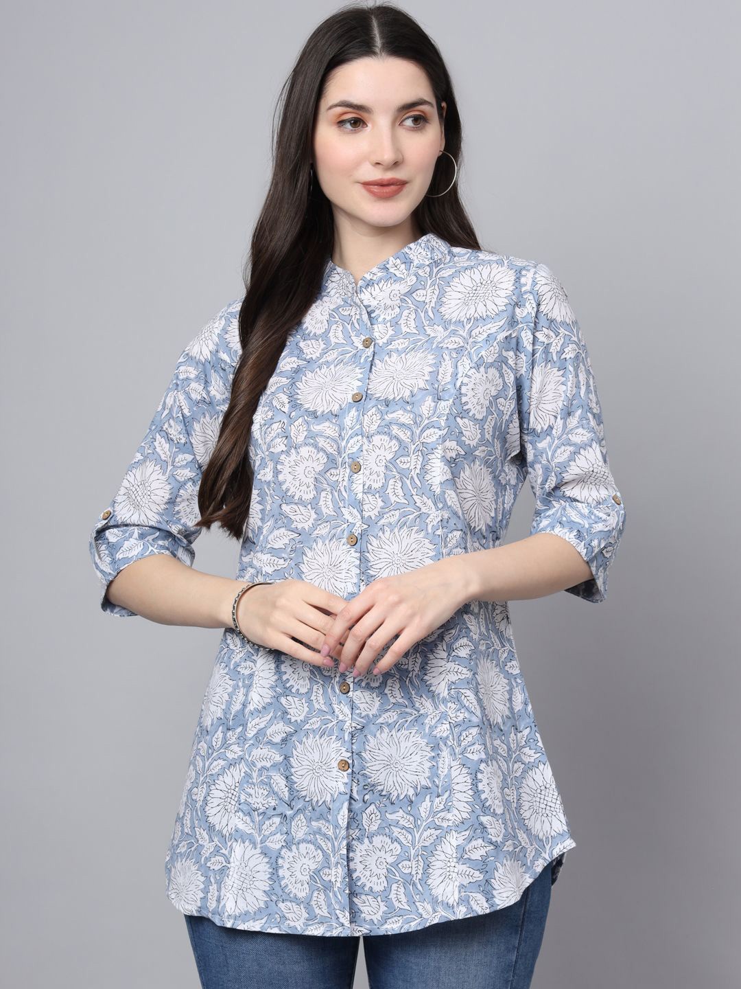 

KALINI Women Floral Printed Mandarin Collar Roll-Up Sleeves Ethnic Cotton Top, Blue