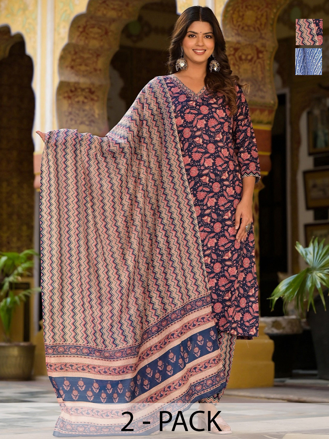 

KALINI Selection Of 2 Floral Printed V-Neck Straight Kurtas With Pyjamas And Dupattas, Navy blue