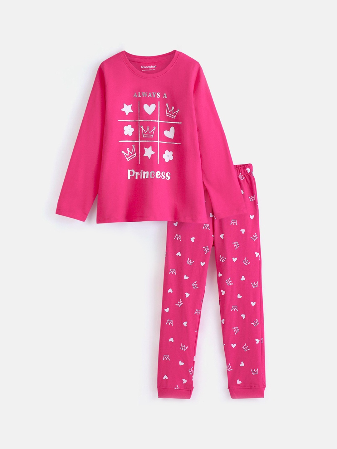 

Honeyhap Girls Typography Printed Pure Cotton Night suit, Pink