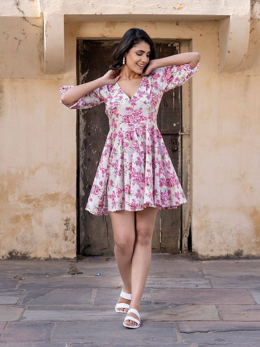 

The Roadster Lifestyle Co Women Floral Printed Cotton Puff Sleeves Fit & Flare Mini Dress, White