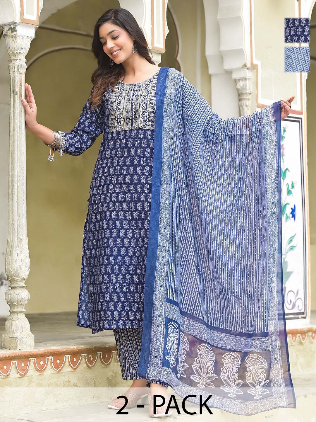 

KALINI Selection Of 2 Floral Printed Straight Kurtas With Trousers And Dupattas, Blue