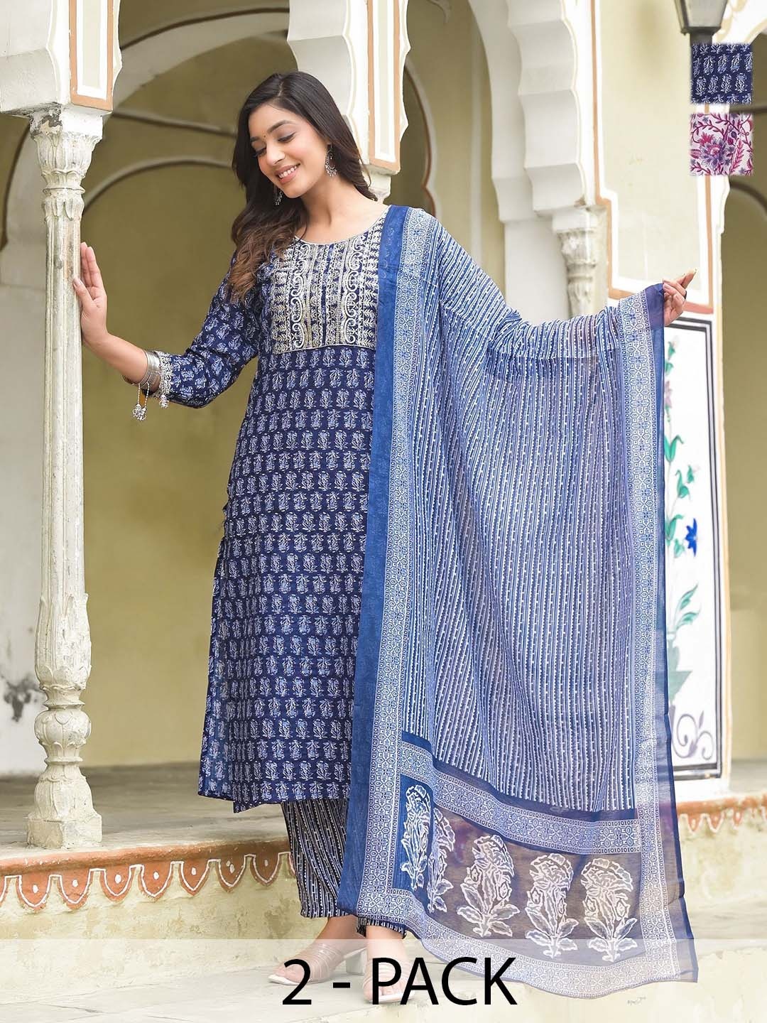 

KALINI Selection Of 2 Ethnic Motifs Printed Sequinned Kurtas With Trousers And Dupattas, Blue