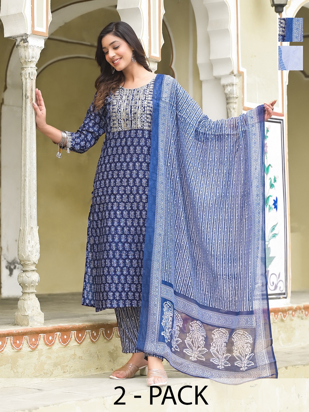 

KALINI Selection Of 2 Ethnic Motifs Printed Notched Neck Kurtas With Trousers & Dupattas, Blue