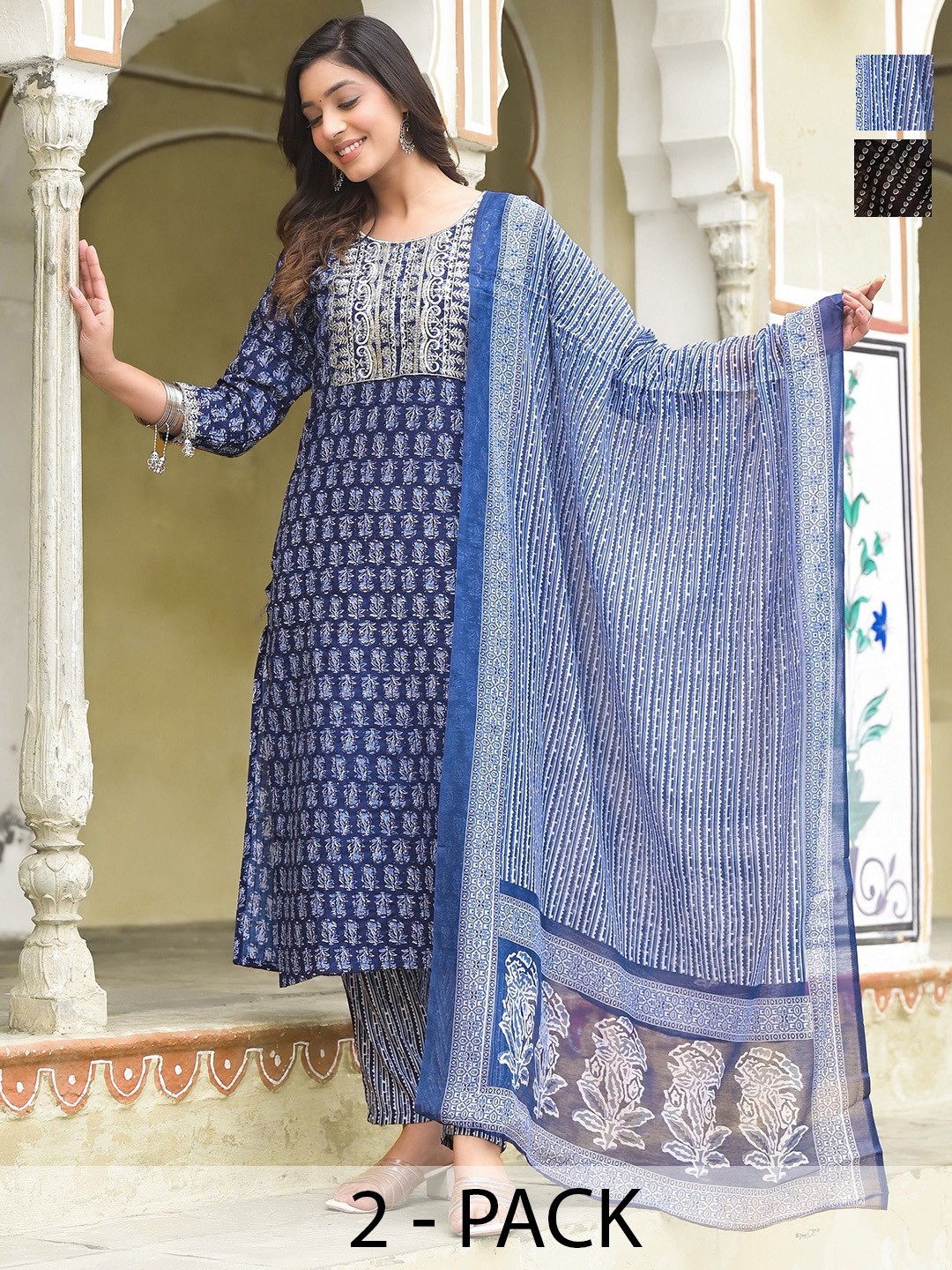 

KALINI Selection Of 2 Ethnic Motifs Printed Sequinned Kurtas With Trousers And Dupattas, Blue